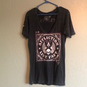 Affliction size XL ladies shirt blue/purple/white